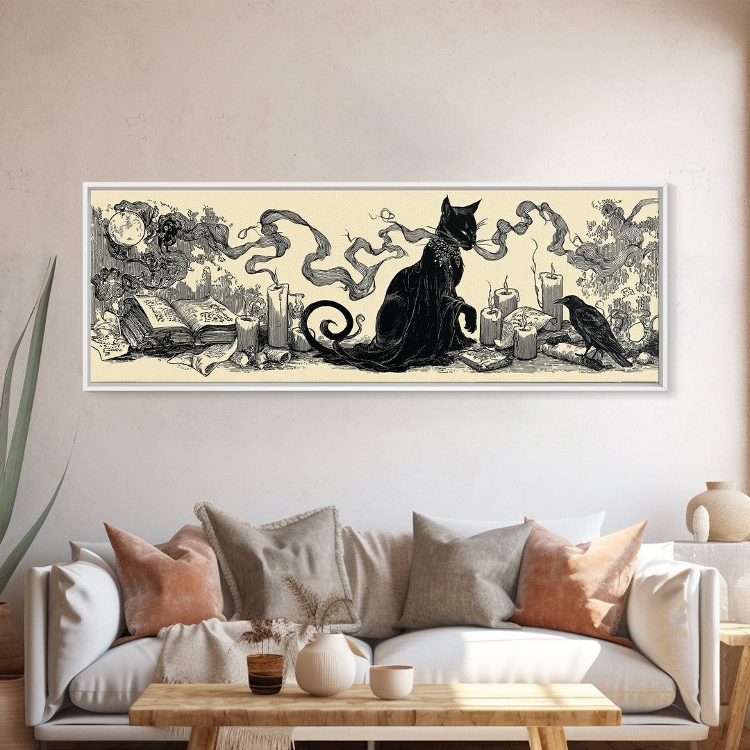 The Black Cat Familiar, Decadent Line Art, Extra Wide Wall Art, Dark Fantasy Wall Art, Framed Canvas Print, Halloween Wall Art