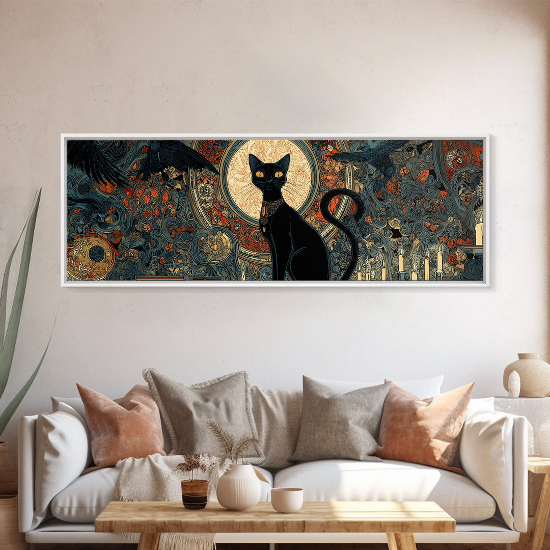 The Black Cat Familiar, Stained Glass Gothic Art, Extra Wide Wall Art, Dark Fantasy Wall Art, Framed Canvas Print, Halloween Wall Art