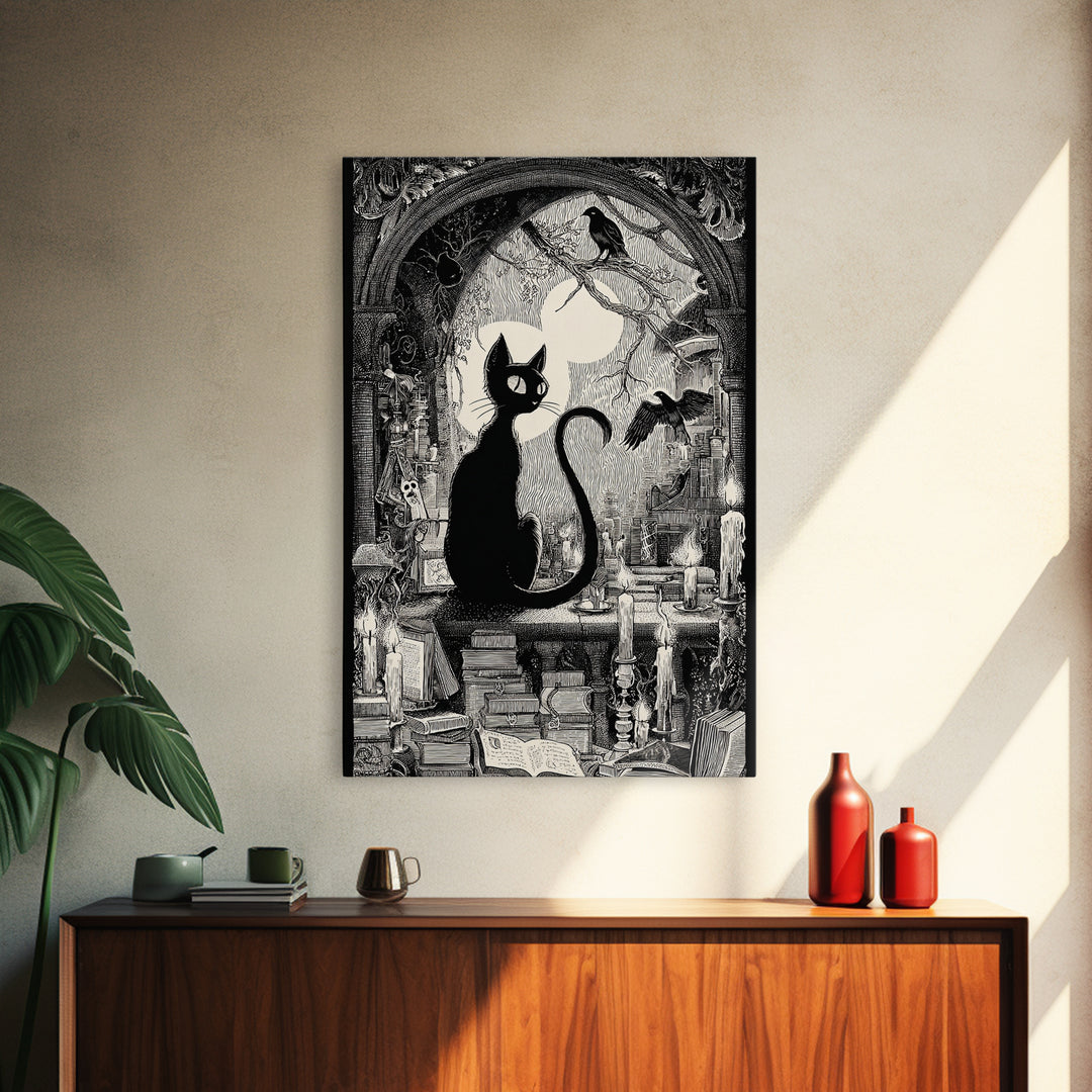 The Black Cat Familiar, Victorian Macabre Art, Vertical Wall Art, Dark Fantasy Wall Art, Framed Canvas Print, Halloween Wall Art