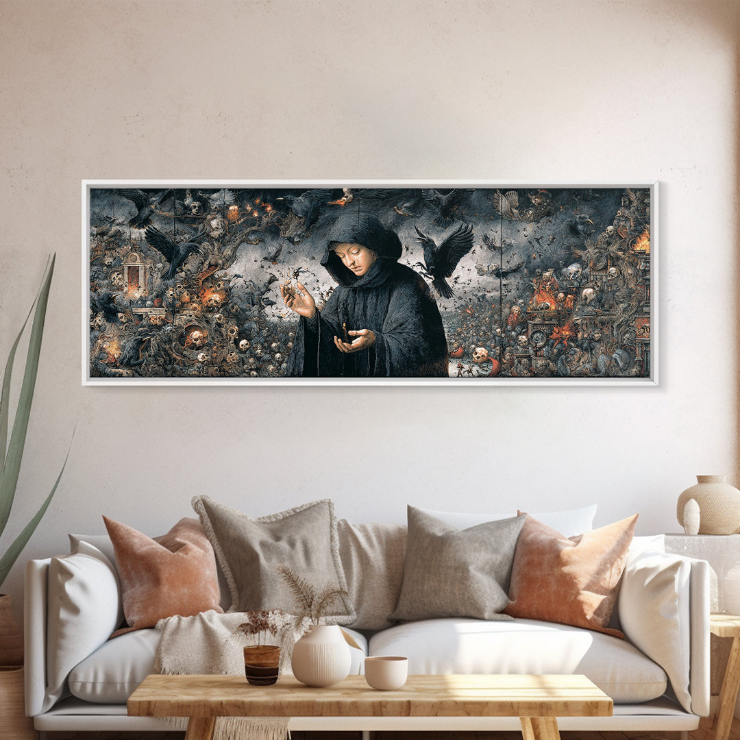 The Raven Keeper, Medieval Grotesque Art, Extra Wide Wall Art, Gothic Horror Wall Art, Framed Canvas Print, Halloween Wall Art