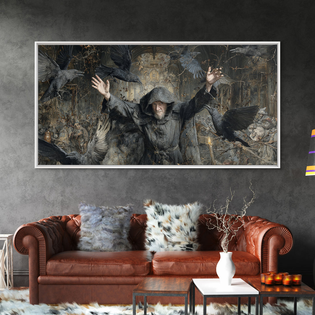 The Raven Keeper, Northern Renaissance Horror, Wide Panoramic Art, Dark Fantasy Wall Art, Canvas Print, Halloween Wall Art