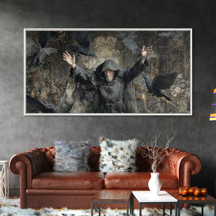 The Raven Keeper, Northern Renaissance Horror, Wide Panoramic Art, Dark Fantasy Wall Art, Canvas Print, Halloween Wall Art