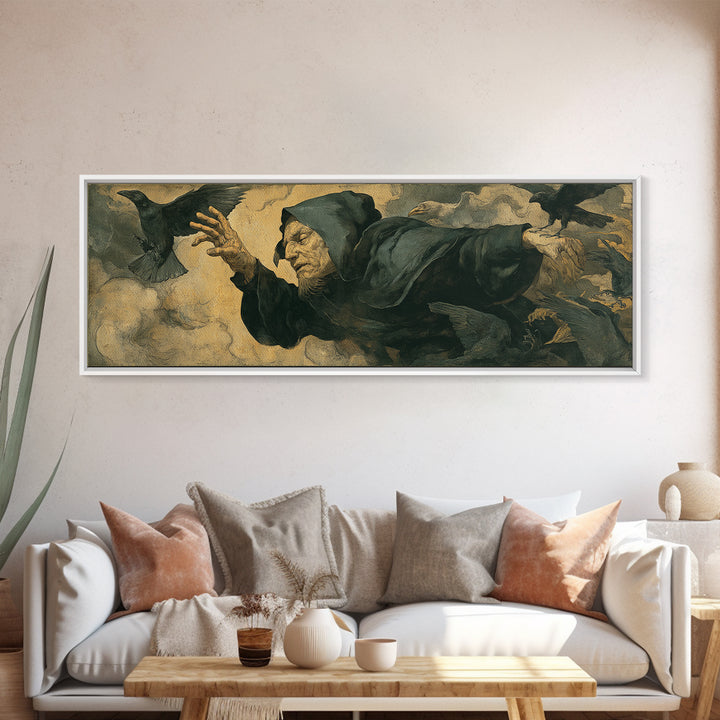 The Raven Keeper, Dark Renaissance Art, Extra Wide Wall Art, Dark Fantasy Wall Art, Canvas Print, Halloween Wall Art