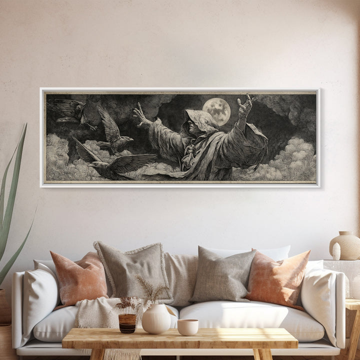 The Raven Keeper, Renaissance Engraving Art, Extra Wide Wall Art, Dark Halloween Decor, Framed Canvas Print, Halloween Wall Art