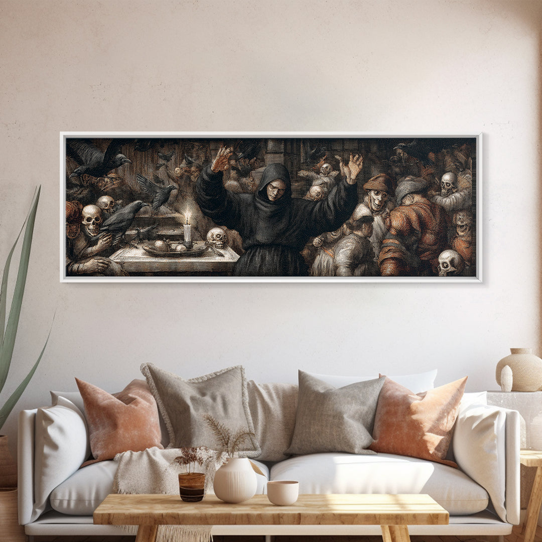 The Raven Keeper, Danse Macabre Art, Extra Wide Wall Art, Macabre Wall Art, Framed Canvas Print, Halloween Wall Art