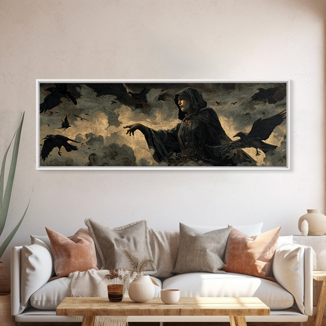 The Raven Keeper, Visionary Gothic Art, Extra Wide Wall Art, Macabre Wall Art, Canvas Print, Halloween Wall Art, Statement Wall Art