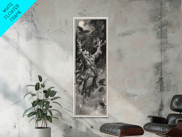 The Raven Keeper, Architectural Etching Art, Tall Narrow Wall Art, Dark Fantasy Wall Art, Canvas Print, Halloween Wall Art