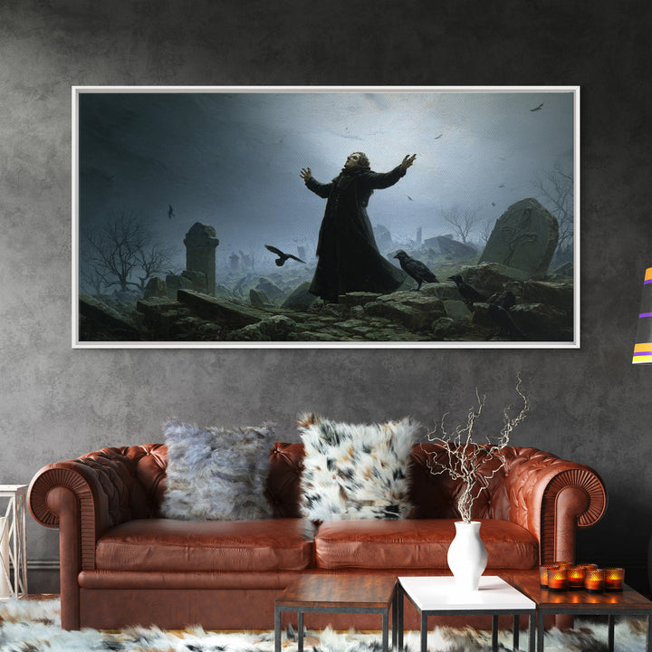 The Raven Keeper, Romantic Gothic Landscape, Wide Panoramic Art, Dark Halloween Decor, Framed Canvas Print, Halloween Wall Art