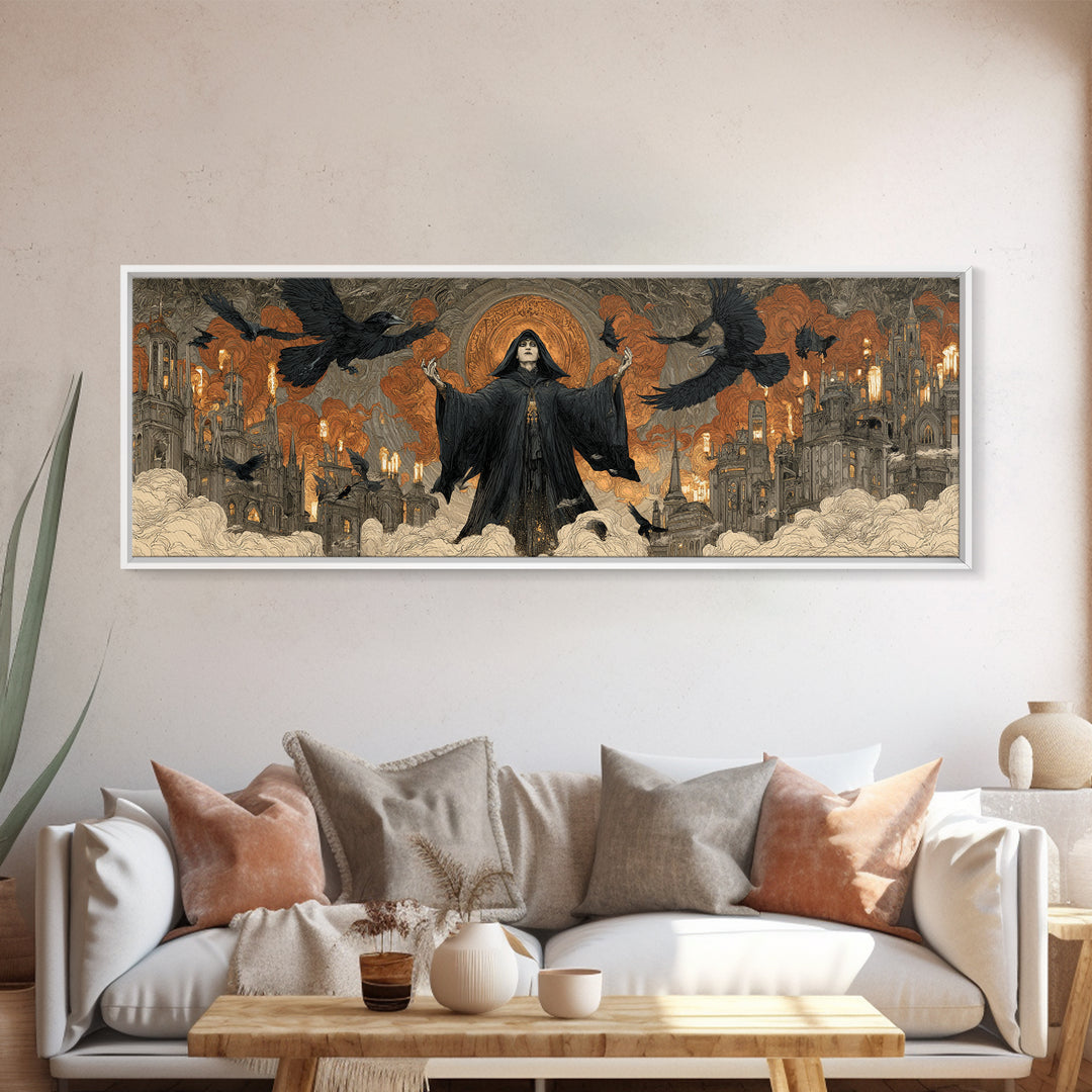 The Raven Keeper, Apocalyptic Romantic Art, Extra Wide Wall Art, Gothic Horror Wall Art, Canvas Print, Halloween Wall Art