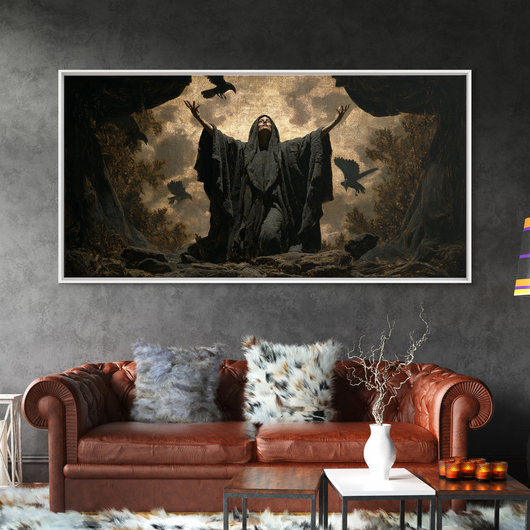 The Raven Keeper, Symbolist Gothic Landscape, Wide Panoramic Art, Dark Halloween Decor, Framed Canvas Print, Halloween Wall Art