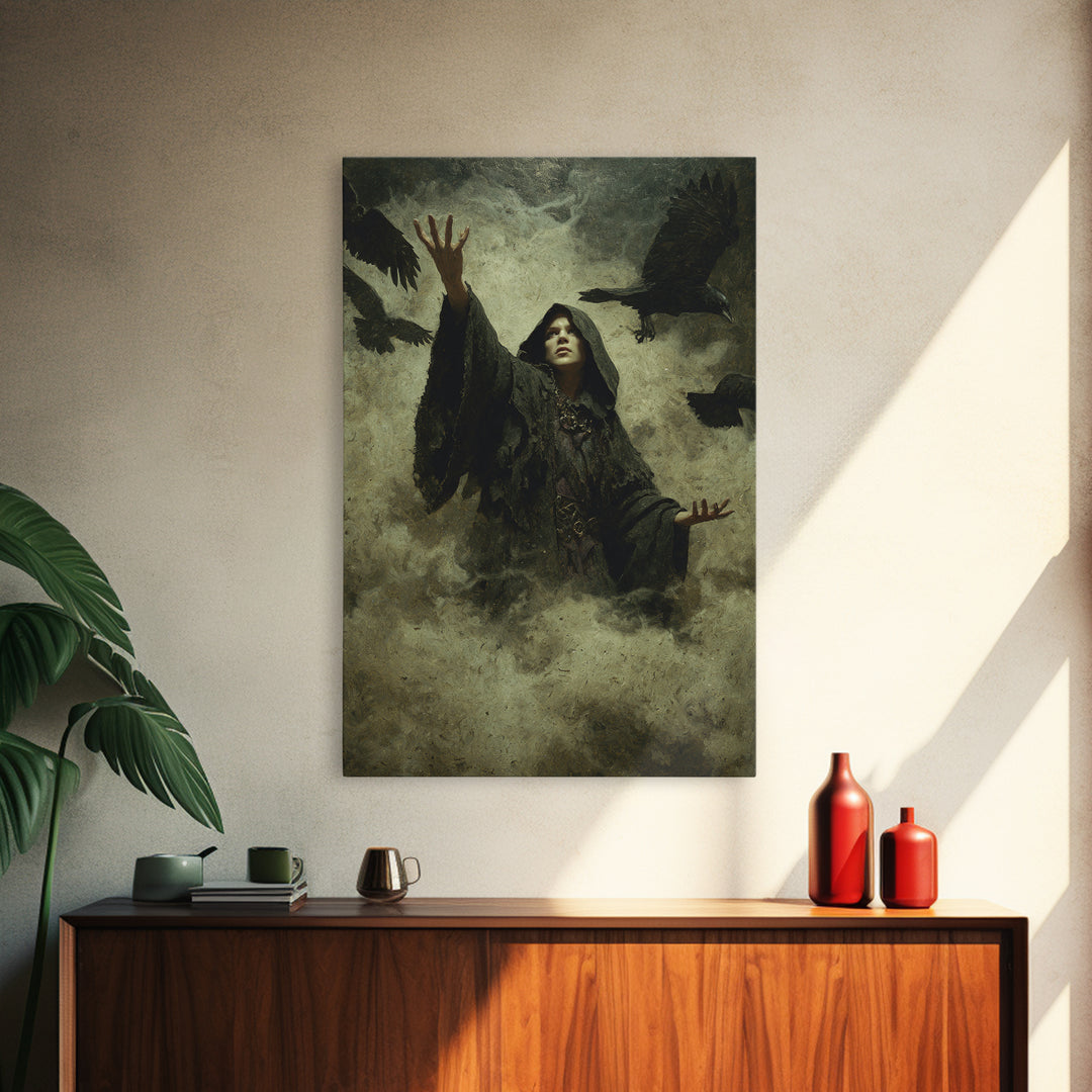 The Raven Keeper, Ornate Symbolist Art, Vertical Wall Art, Dark Fantasy Wall Art, Framed Canvas Print, Halloween Wall Art