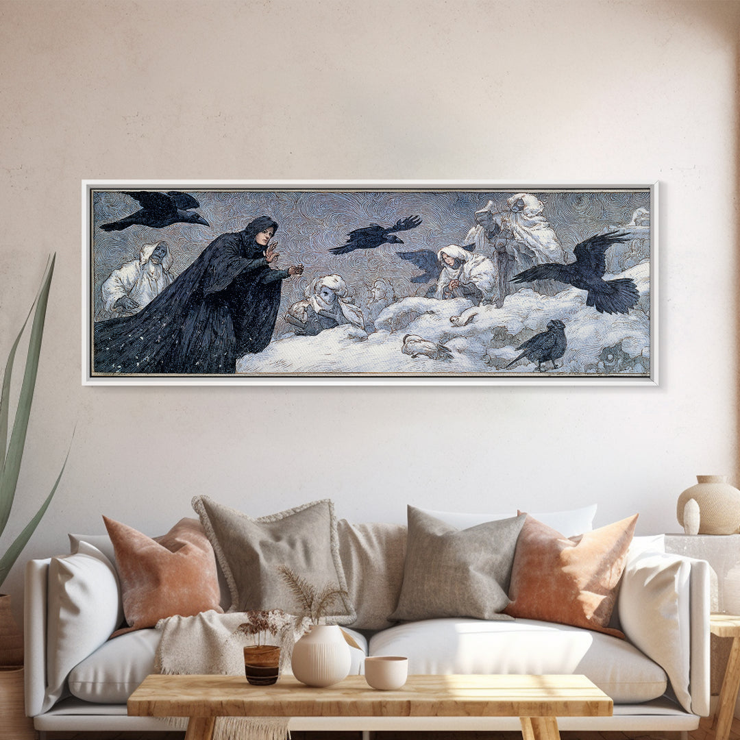 The Raven Keeper, Symbolist Death Art, Extra Wide Wall Art, Dark Halloween Decor, Canvas Print, Halloween Wall Art