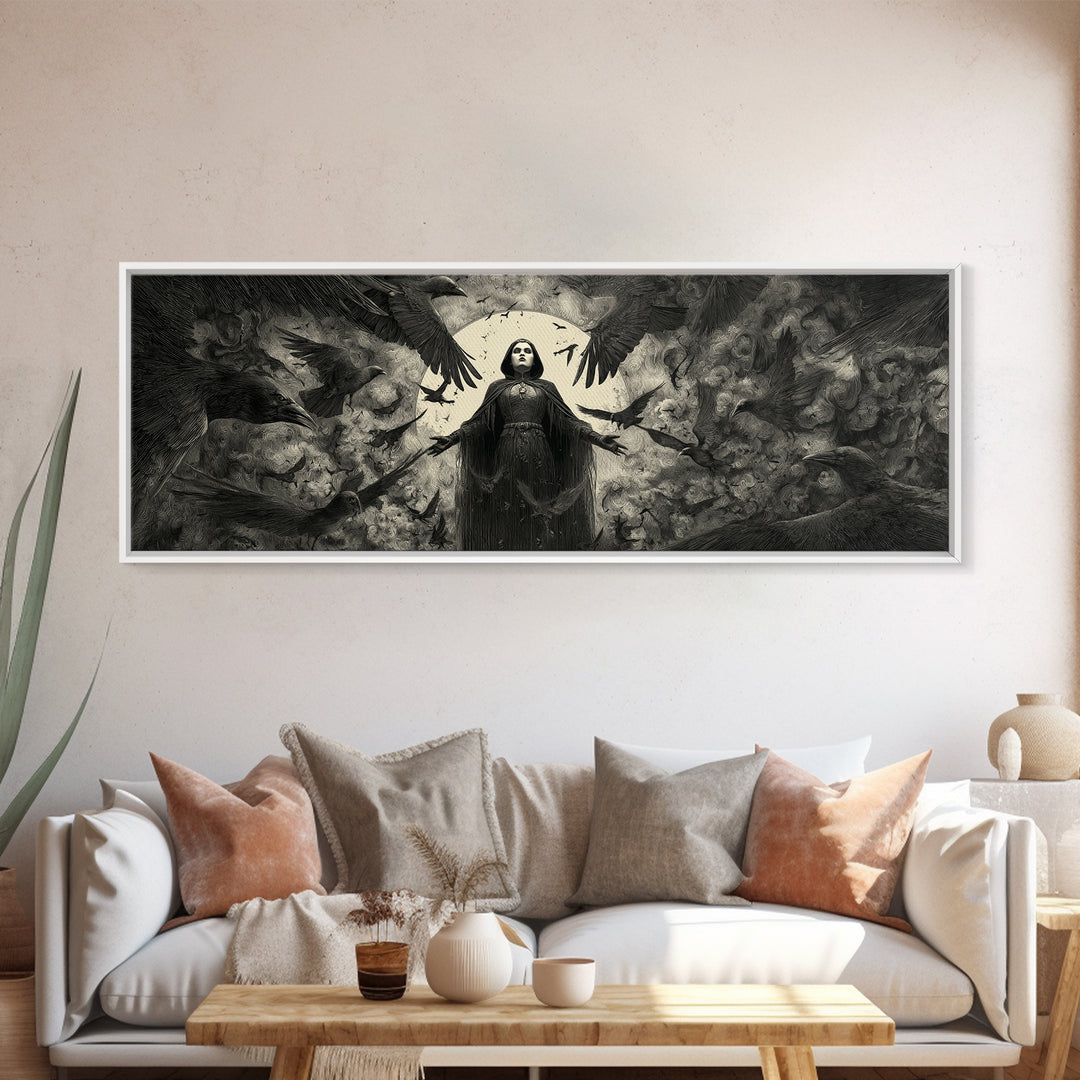 The Raven Keeper, Dark Symbolist Art, Extra Wide Wall Art, Gothic Horror Wall Art, Canvas Print, Halloween Wall Art