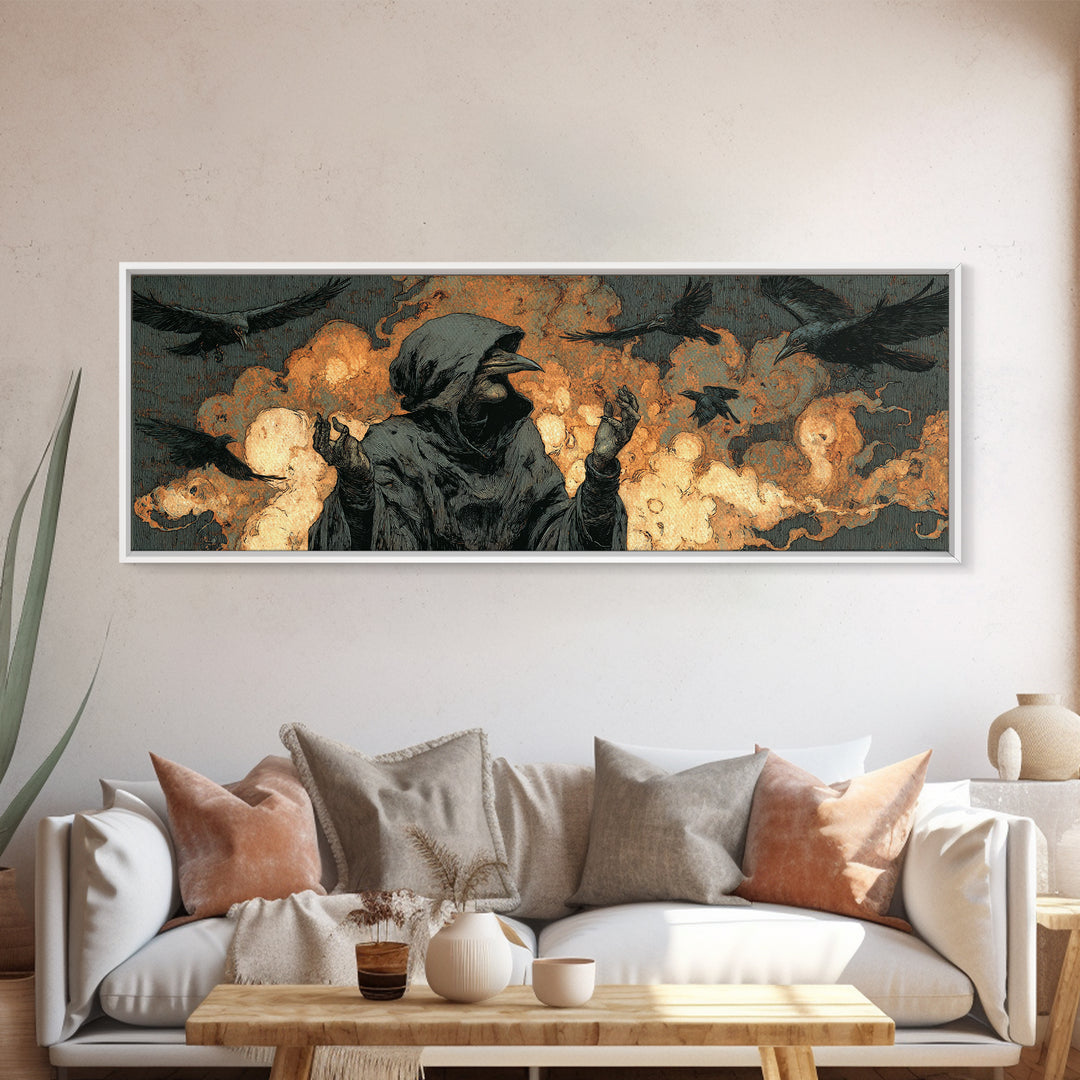 The Raven Keeper, Symbolist Etching Art, Extra Wide Wall Art, Dark Fantasy Wall Art, Canvas Print, Halloween Wall Art, Halloween Decor