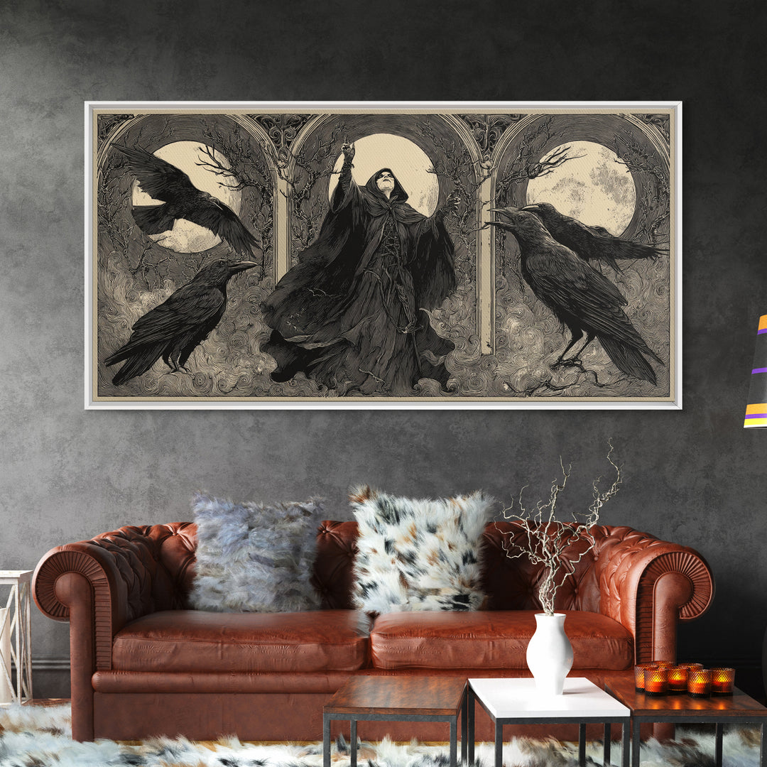 The Raven Keeper, Expressionist Nightmare Art, Wide Panoramic Art, Dark Halloween Decor, Framed Canvas Print, Halloween Wall Art