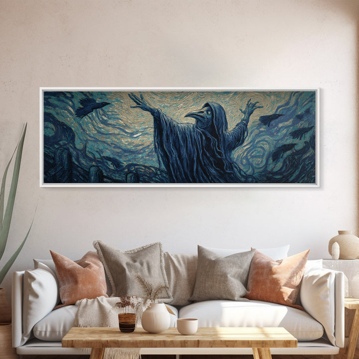 The Raven Keeper, Expressionist Gothic Art, Extra Wide Wall Art, Dark Fantasy Wall Art, Canvas Print, Halloween Wall Art