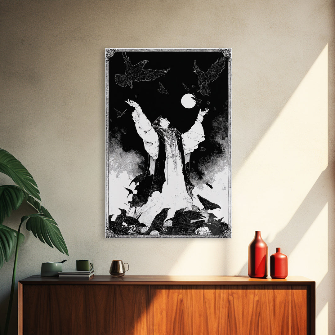 The Raven Keeper, Decadent Line Art, Vertical Wall Art, Macabre Wall Art, Canvas Print, Halloween Wall Art, Halloween Decor