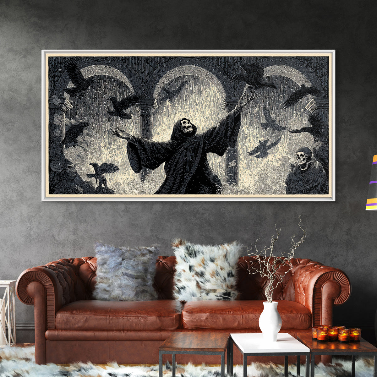 The Raven Keeper, Macabre Folk Print Art, Wide Panoramic Art, Dark Fantasy Wall Art, Canvas Print, Halloween Wall Art