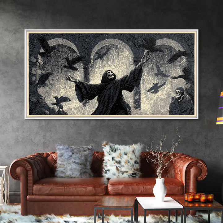 The Raven Keeper, Macabre Folk Print Art, Wide Panoramic Art, Dark Fantasy Wall Art, Canvas Print, Halloween Wall Art