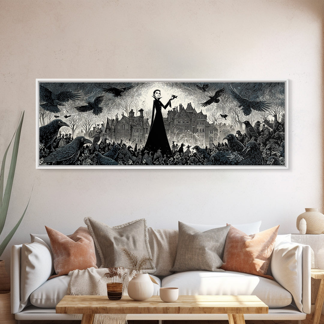 The Raven Keeper, Victorian Macabre Art, Extra Wide Wall Art, Macabre Wall Art, Framed Canvas Print, Halloween Wall Art, Halloween Decor