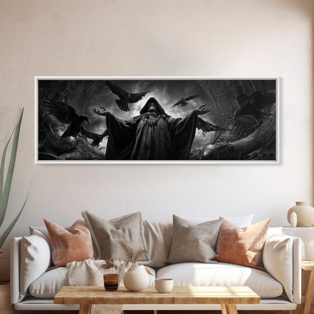 The Raven Keeper, Biomechanical Horror Art, Extra Wide Wall Art, Gothic Horror Wall Art, Canvas Print, Halloween Wall Art