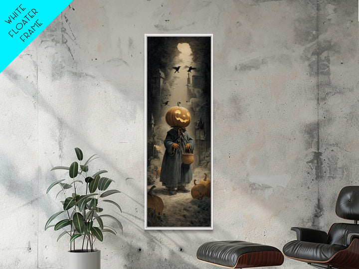 The Pumpkin-Headed Child, Gothic Engraving Art, Tall Narrow Wall Art, Gothic Horror Wall Art, Framed Canvas Print, Halloween Wall Art