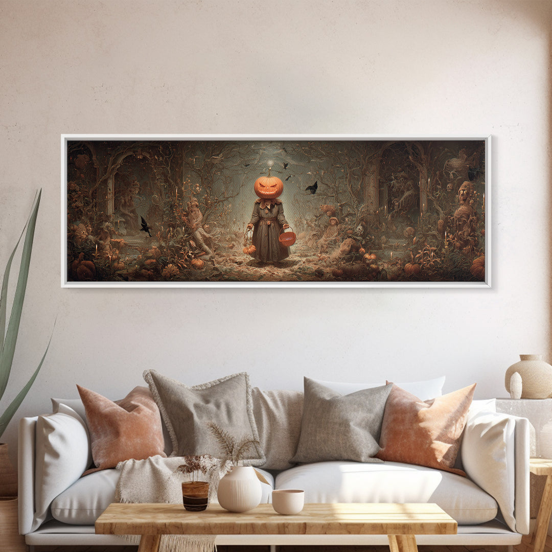 The Pumpkin-Headed Child, Medieval Grotesque Art, Extra Wide Wall Art, Macabre Wall Art, Canvas Print, Halloween Wall Art
