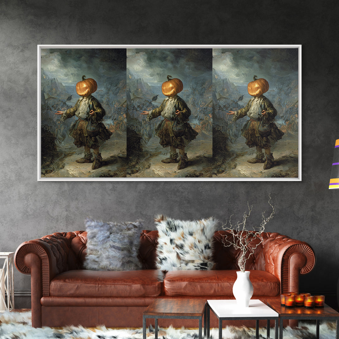 The Pumpkin-Headed Child, Northern Renaissance Horror, Wide Panoramic Art, Dark Fantasy Wall Art, Framed Canvas Print