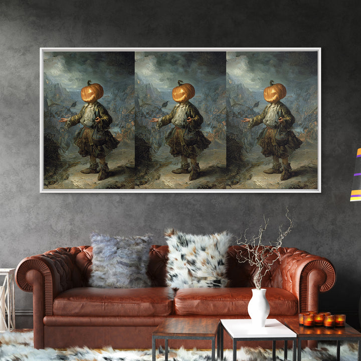 The Pumpkin-Headed Child, Northern Renaissance Horror, Wide Panoramic Art, Dark Fantasy Wall Art, Framed Canvas Print