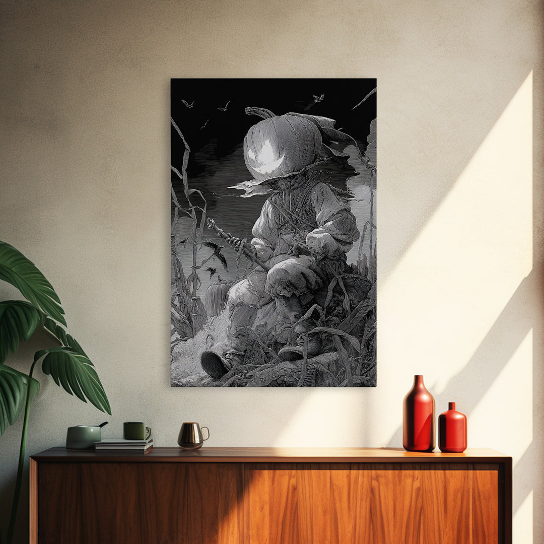The Pumpkin-Headed Child, Renaissance Engraving Art, Vertical Wall Art, Dark Fantasy Wall Art, Canvas Print, Halloween Wall Art