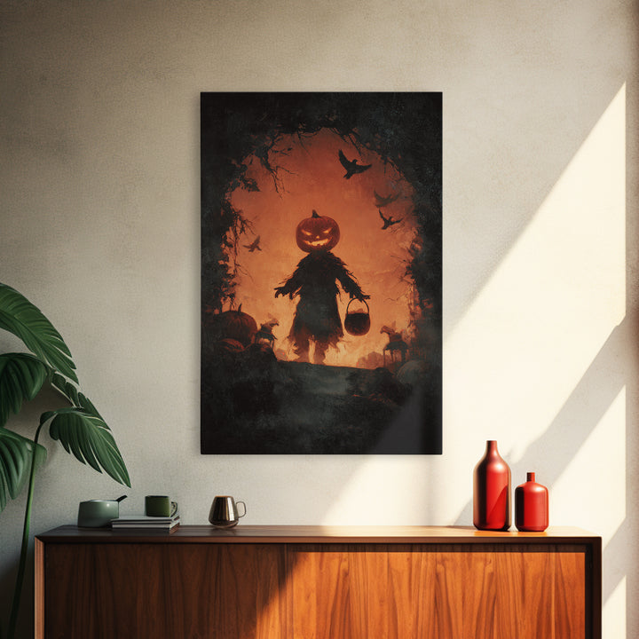 The Pumpkin-Headed Child, Dark Romantic Horror Art, Vertical Wall Art, Macabre Wall Art, Canvas Print, Halloween Wall Art