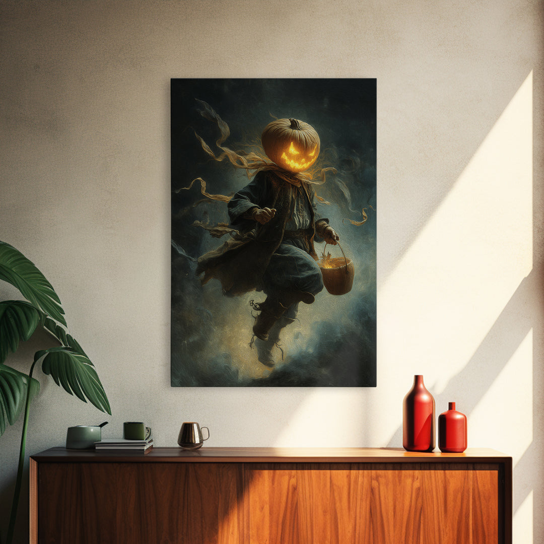 The Pumpkin-Headed Child, Visionary Gothic Art, Vertical Wall Art, Dark Fantasy Wall Art, Framed Canvas Print, Halloween Wall Art