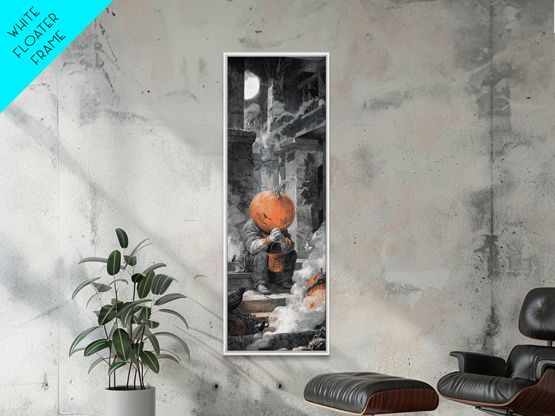The Pumpkin-Headed Child, Architectural Etching Art, Tall Narrow Wall Art, Macabre Wall Art, Canvas Print, Halloween Wall Art