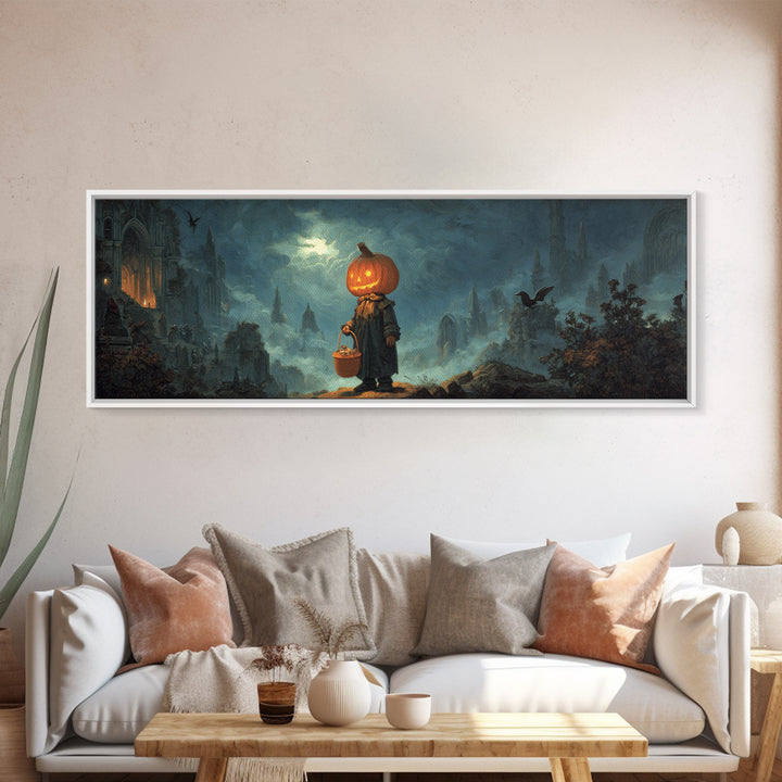The Pumpkin-Headed Child, Apocalyptic Romantic Art, Extra Wide Wall Art, Gothic Horror Wall Art, Canvas Print, Halloween Wall Art