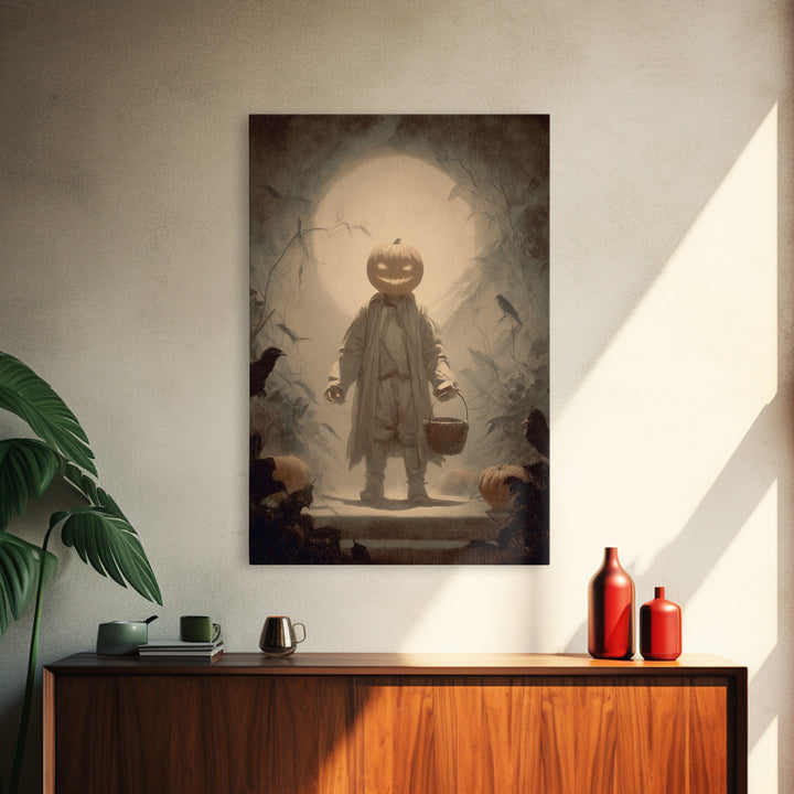 The Pumpkin-Headed Child, Symbolist Dream Art, Vertical Wall Art, Dark Fantasy Wall Art, Framed Canvas Print, Halloween Wall Art