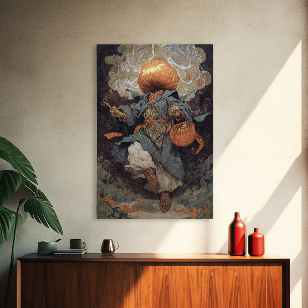 The Pumpkin-Headed Child, Ornate Symbolist Art, Vertical Wall Art, Dark Halloween Decor, Framed Canvas Print, Halloween Wall Art