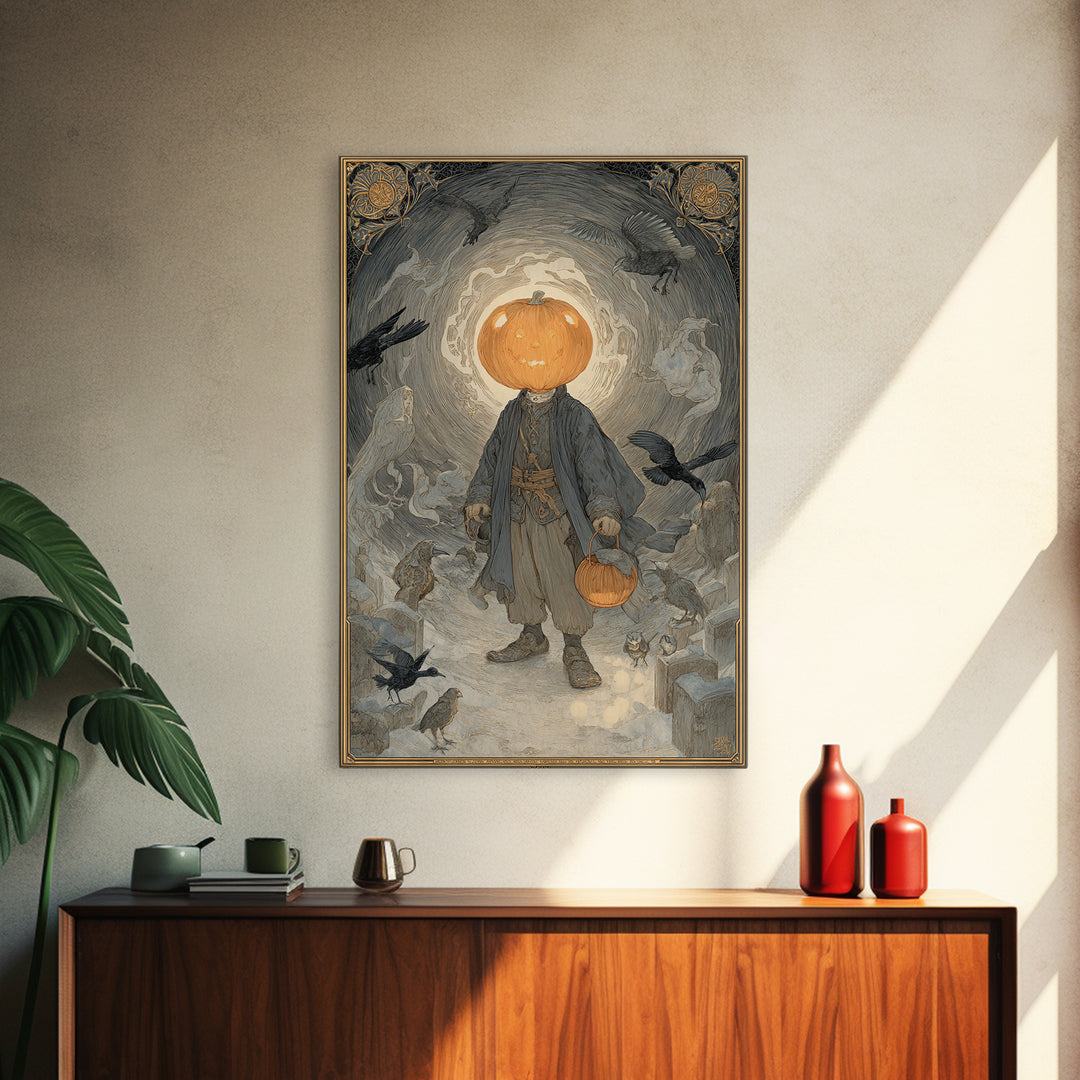 The Pumpkin-Headed Child, Symbolist Death Art, Vertical Wall Art, Dark Fantasy Wall Art, Framed Canvas Print, Halloween Wall Art