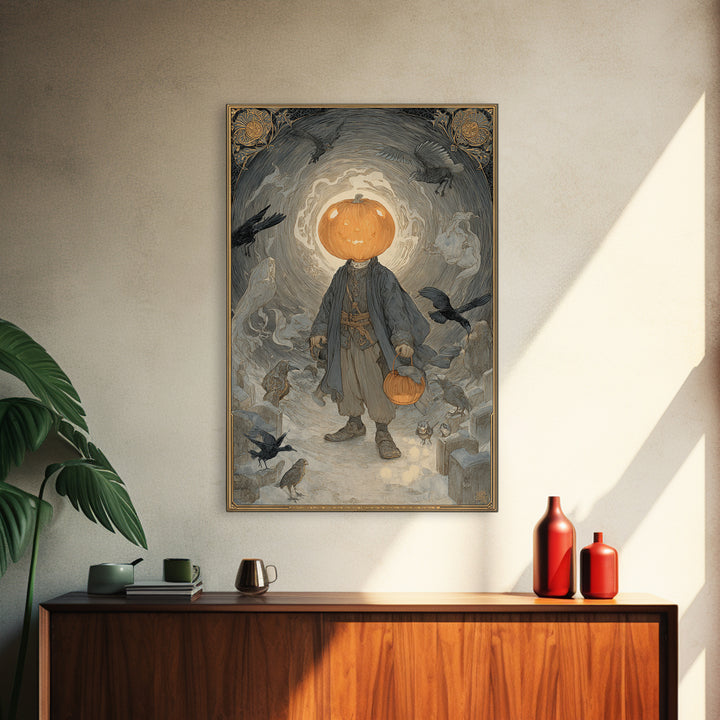 The Pumpkin-Headed Child, Symbolist Death Art, Vertical Wall Art, Dark Fantasy Wall Art, Framed Canvas Print, Halloween Wall Art