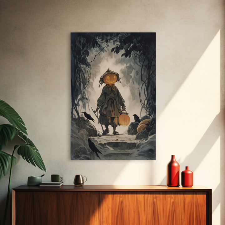The Pumpkin-Headed Child, Symbolist Etching Art, Vertical Wall Art, Gothic Horror Wall Art, Canvas Print, Halloween Wall Art