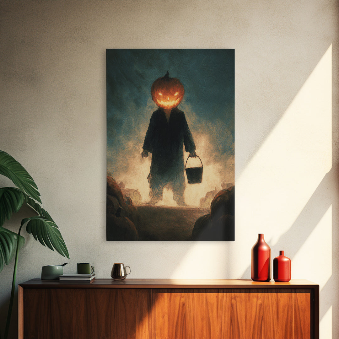 The Pumpkin-Headed Child, Expressionist Gothic Art, Vertical Wall Art, Dark Halloween Decor, Canvas Print, Halloween Wall Art