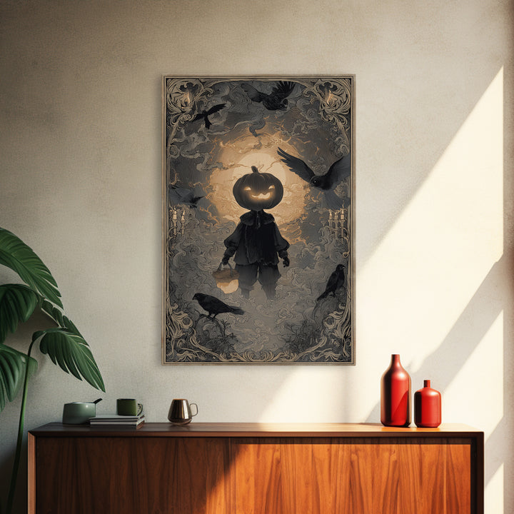 The Pumpkin-Headed Child, Decadent Line Art, Vertical Wall Art, Dark Halloween Decor, Canvas Print, Halloween Wall Art
