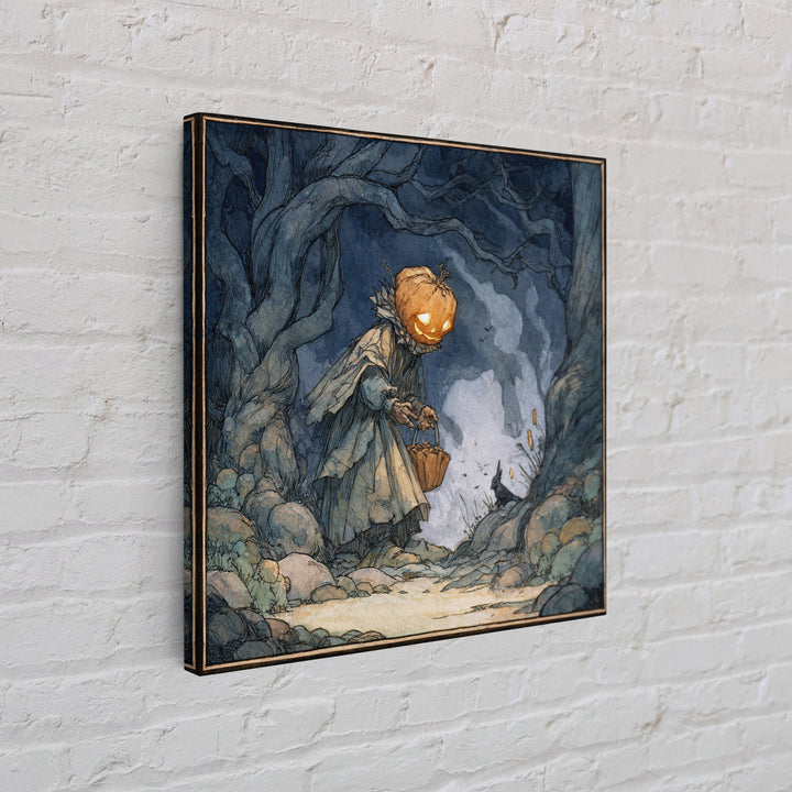 The Pumpkin-Headed Child, Gothic Storybook Art, Square Wall Art, Dark Fantasy Wall Art, Framed Canvas Print, Halloween Wall Art