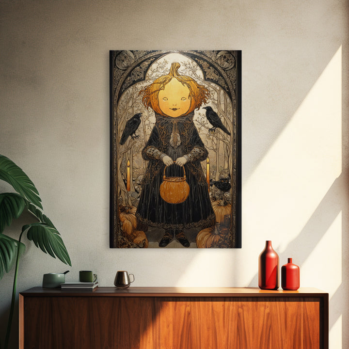 The Pumpkin-Headed Child, Stained Glass Gothic Art, Vertical Wall Art, Dark Fantasy Wall Art, Framed Canvas Print, Halloween Wall Art