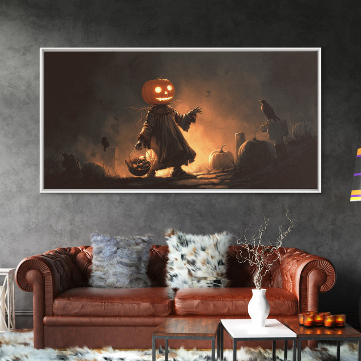 The Pumpkin-Headed Child, Macabre Folk Print Art, Wide Panoramic Art, Dark Halloween Decor, Canvas Print, Halloween Wall Art