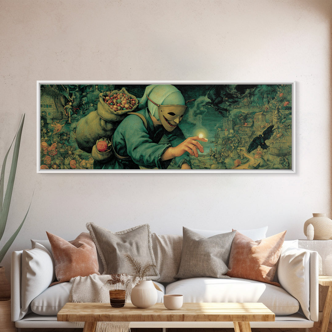 The Masked Candy Collector, Medieval Grotesque Art, Extra Wide Wall Art, Dark Fantasy Wall Art, Framed Canvas Print