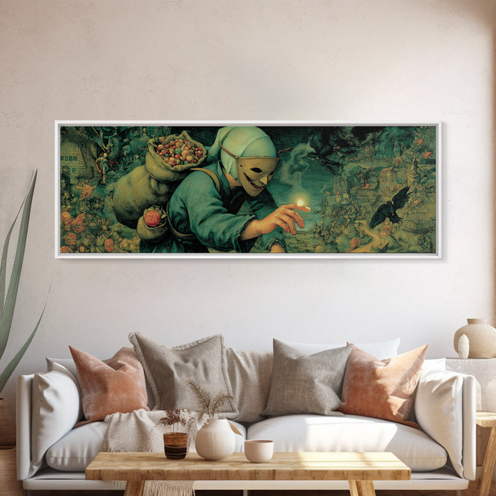 The Masked Candy Collector, Medieval Grotesque Art, Extra Wide Wall Art, Dark Fantasy Wall Art, Framed Canvas Print