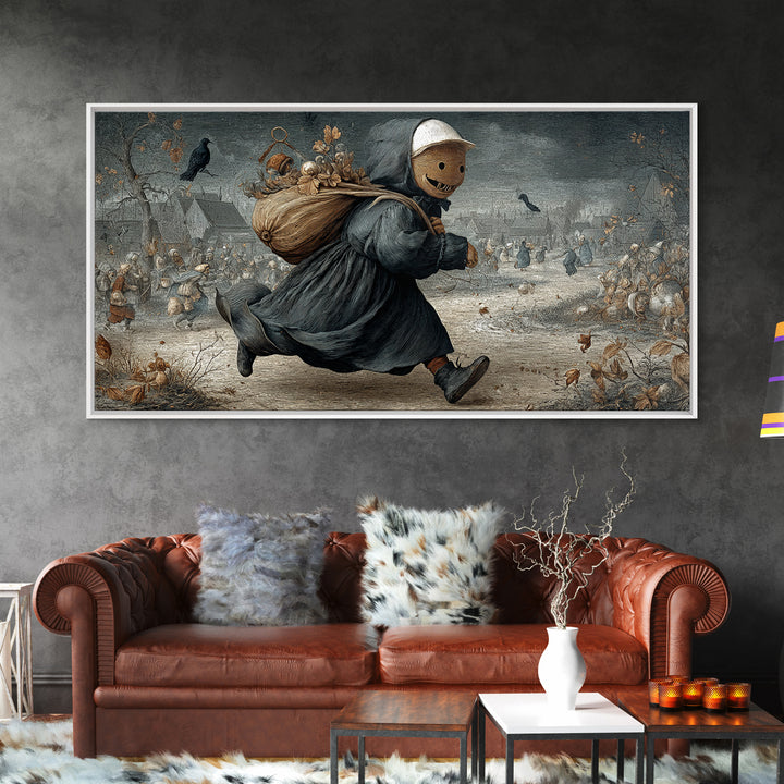 The Masked Candy Collector, Northern Renaissance Horror, Wide Panoramic Art, Gothic Horror Wall Art, Framed Canvas Print