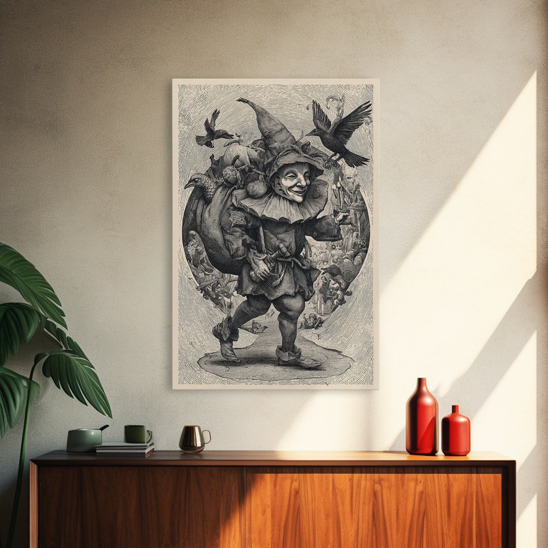 The Masked Candy Collector, Renaissance Engraving Art, Vertical Wall Art, Gothic Horror Wall Art, Framed Canvas Print, Halloween Wall Art