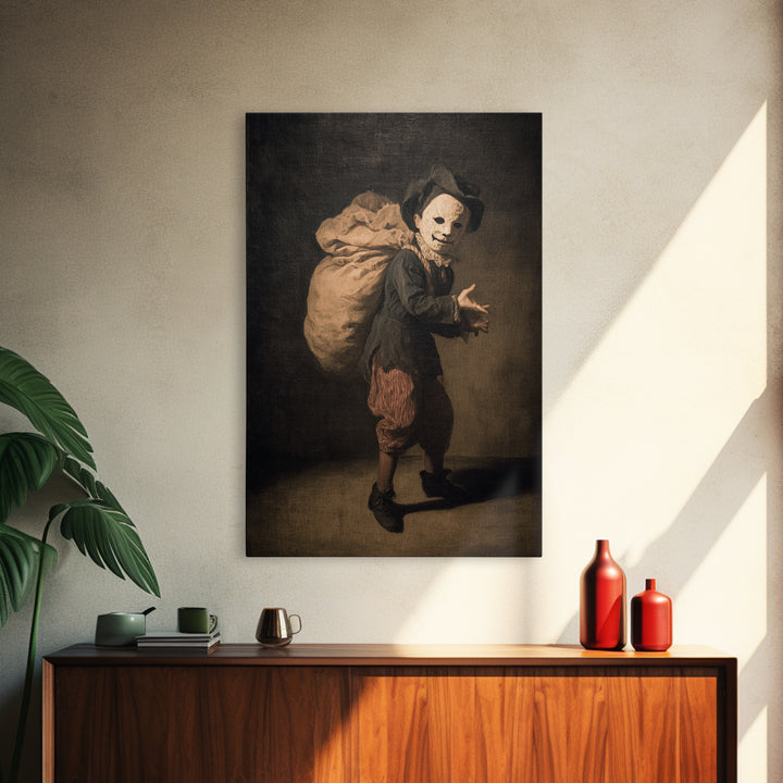 The Masked Candy Collector, Dark Romantic Horror Art, Vertical Wall Art, Macabre Wall Art, Framed Canvas Print, Halloween Wall Art