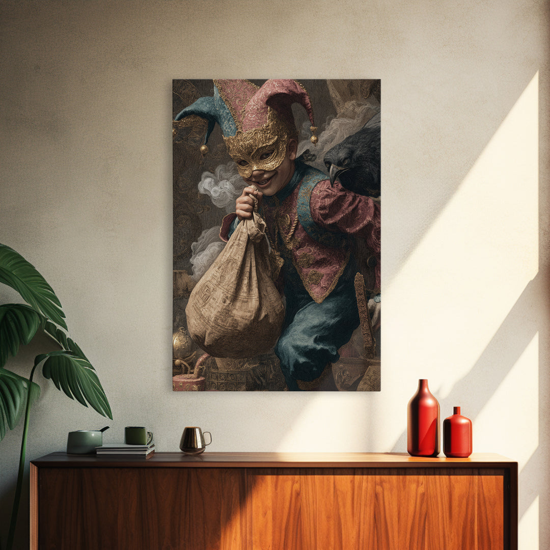 The Masked Candy Collector, Ornate Symbolist Art, Vertical Wall Art, Dark Fantasy Wall Art, Framed Canvas Print, Halloween Wall Art